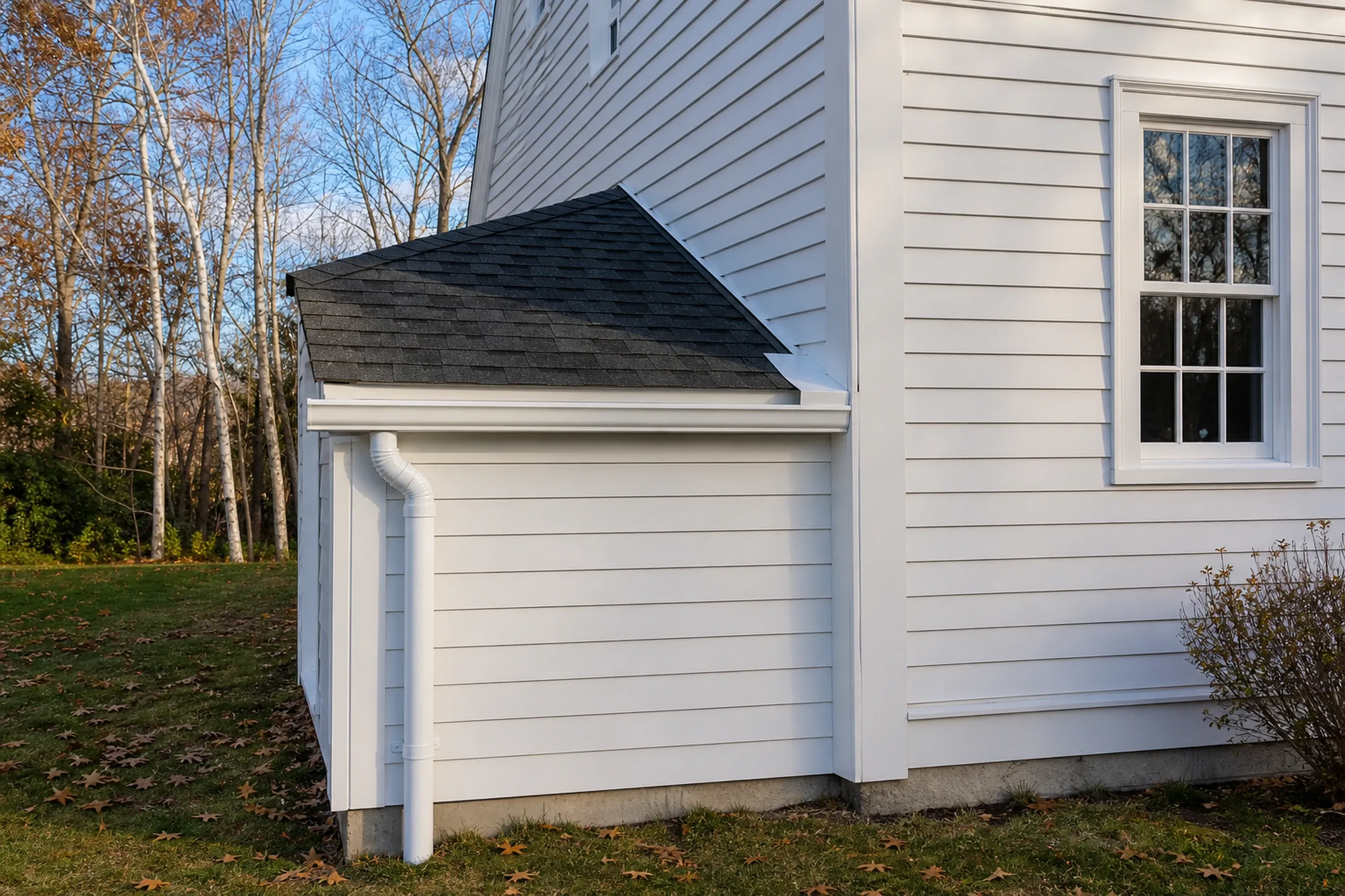 Kick-out flashing on a southern Maine colonial: a bent metal kick-out at the foot of a roof-to-wall joint turning water into the gutter, repaired white lap siding below, late fall.