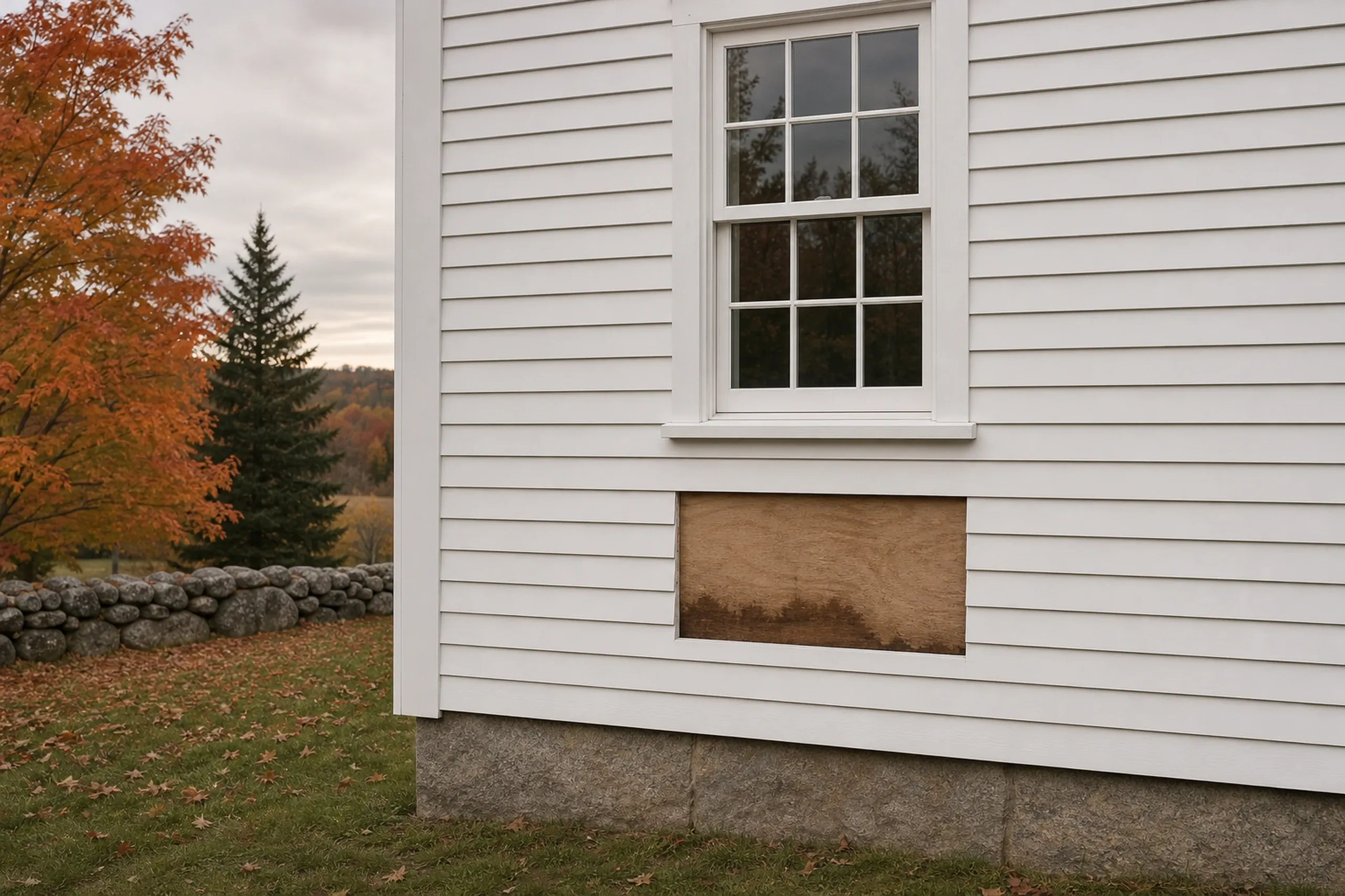 Siding repair stage on a southern Maine colonial: a section of white wood clapboard cut out below a window, water-darkened sheathing showing behind it, overcast fall day.