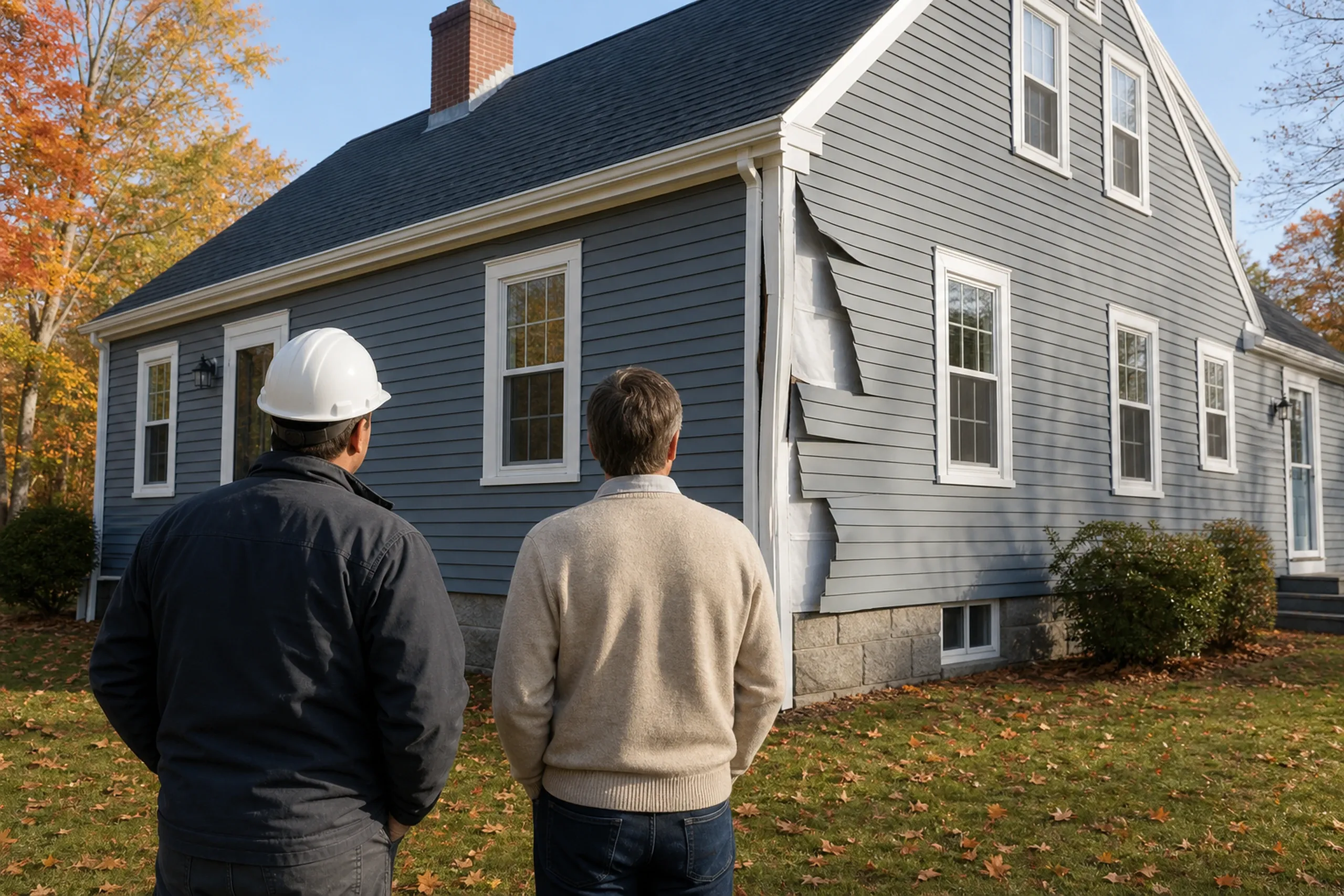 Southern Maine siding repair first visit: At the corner of a southern Maine cape on an October morning, two people, a siding installer and a homeowner, seen from behind, look at a storm-torn corner where the vinyl corner post has split open and three cracked blue-gray panels hang away from the wall.