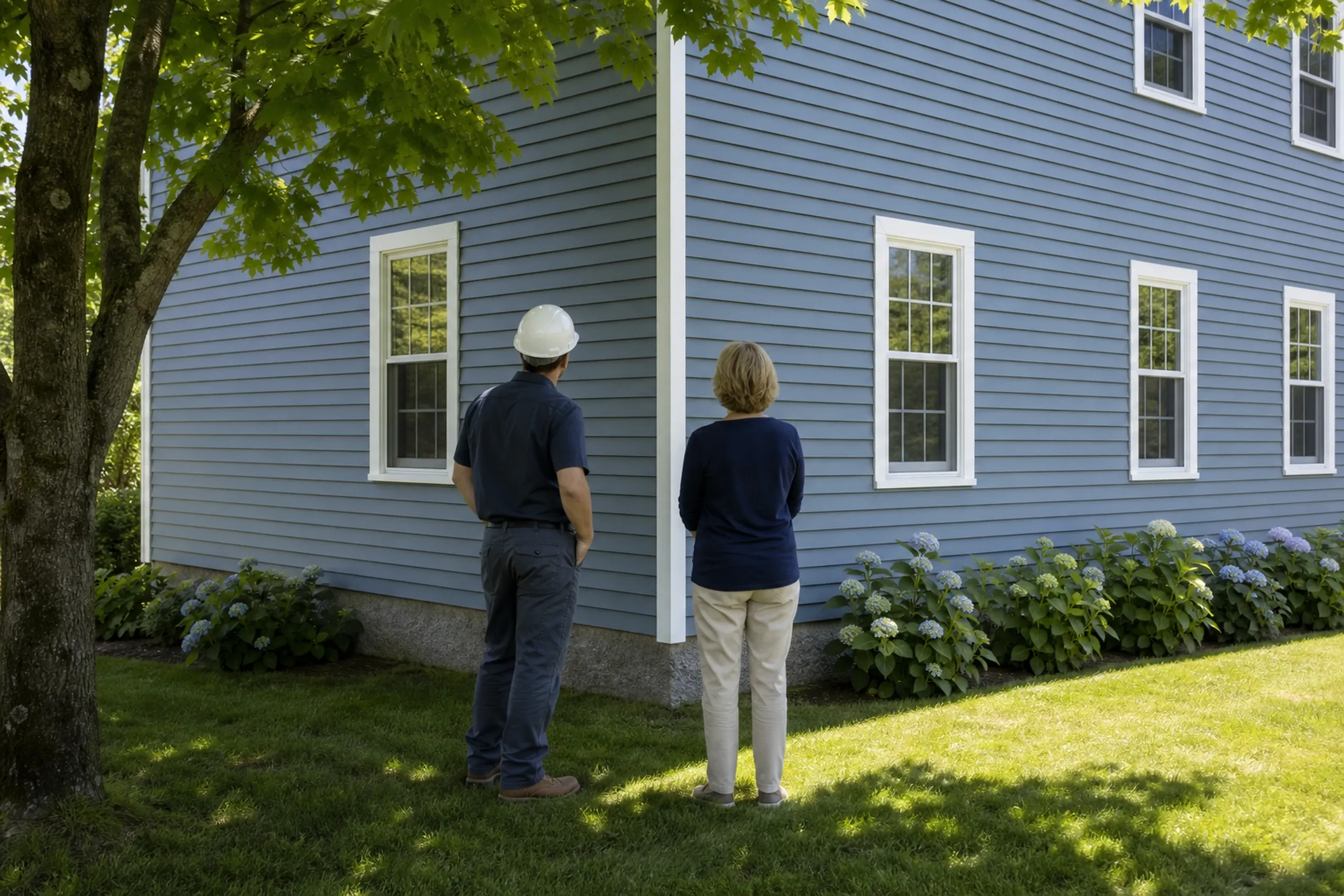 Southern Maine siding repair final walkaround: Beside a southern Maine cape with its storm-torn corner now re-sided, two people, a siding installer and a homeowner, seen from behind, study the repaired wall where new blue-gray vinyl panels and a fresh white corner post blend into the older siding, summer afternoon light.