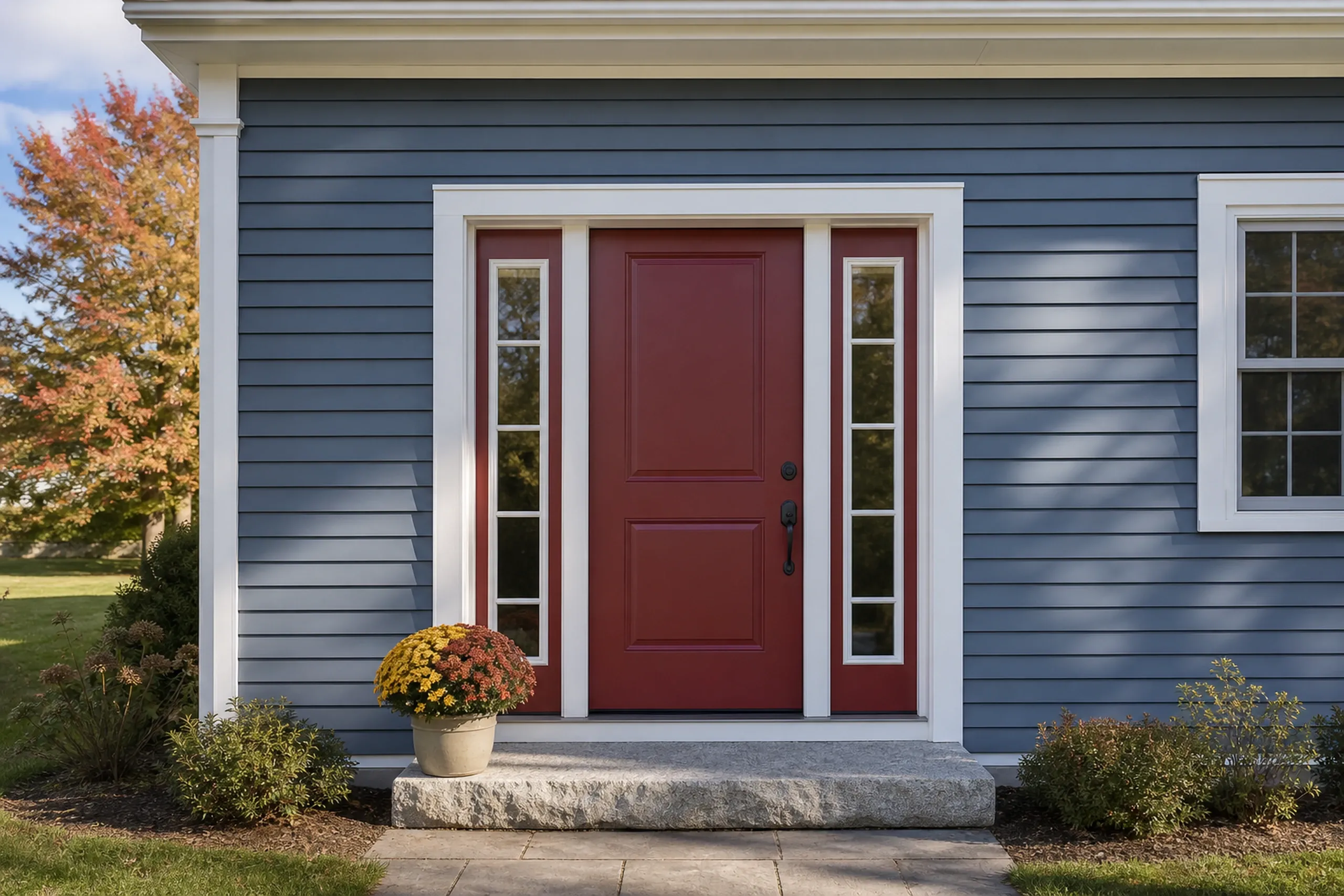 Southern Maine repaired siding front entry: Front entry of a re-sided southern Maine cape in early autumn, shot vertically, a deep red door with two narrow sidelights, a granite step, blue-gray vinyl lap siding repaired and blended smoothly into the older wall around the door, white trim and corner post, a pot of mums.