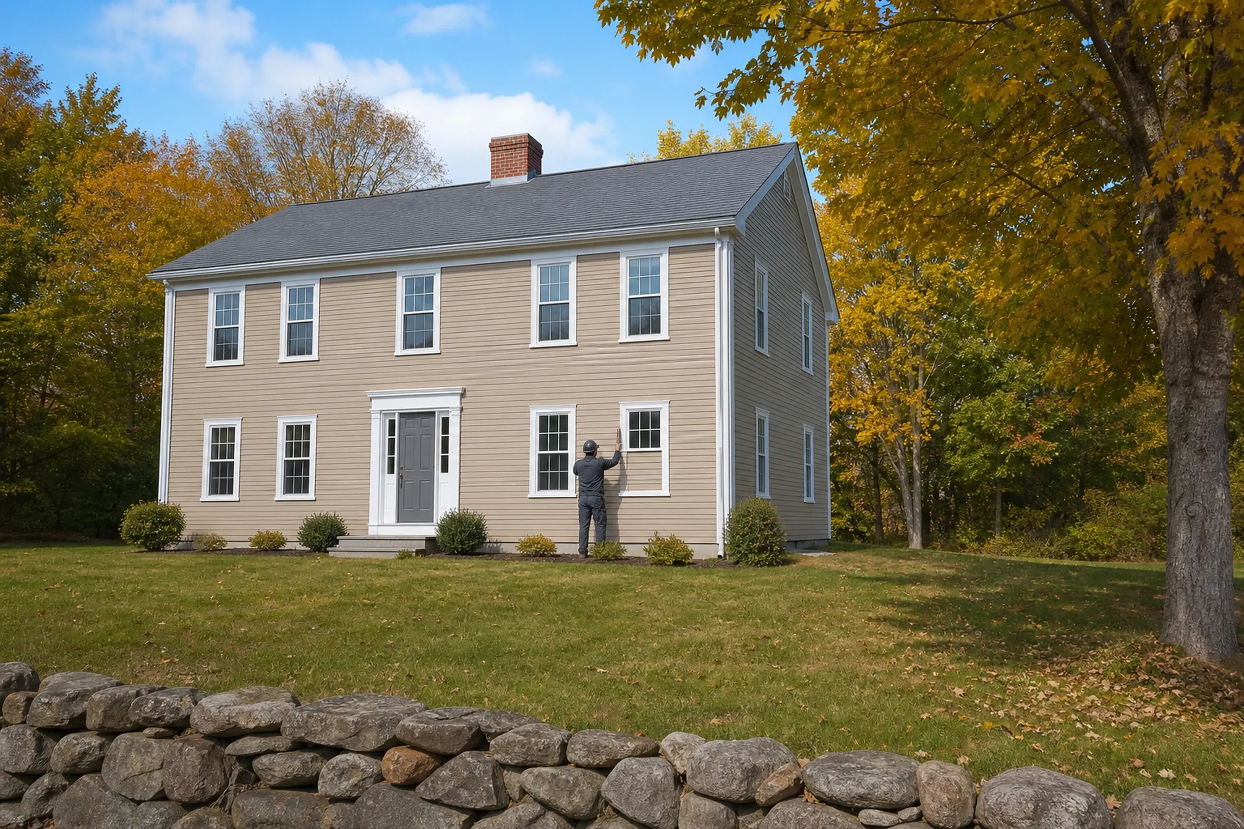 Vinyl panel repair on a southern Maine split-level: one installer seen from behind holding the course above open with a zip tool as a new tan vinyl panel slides in, early fall.