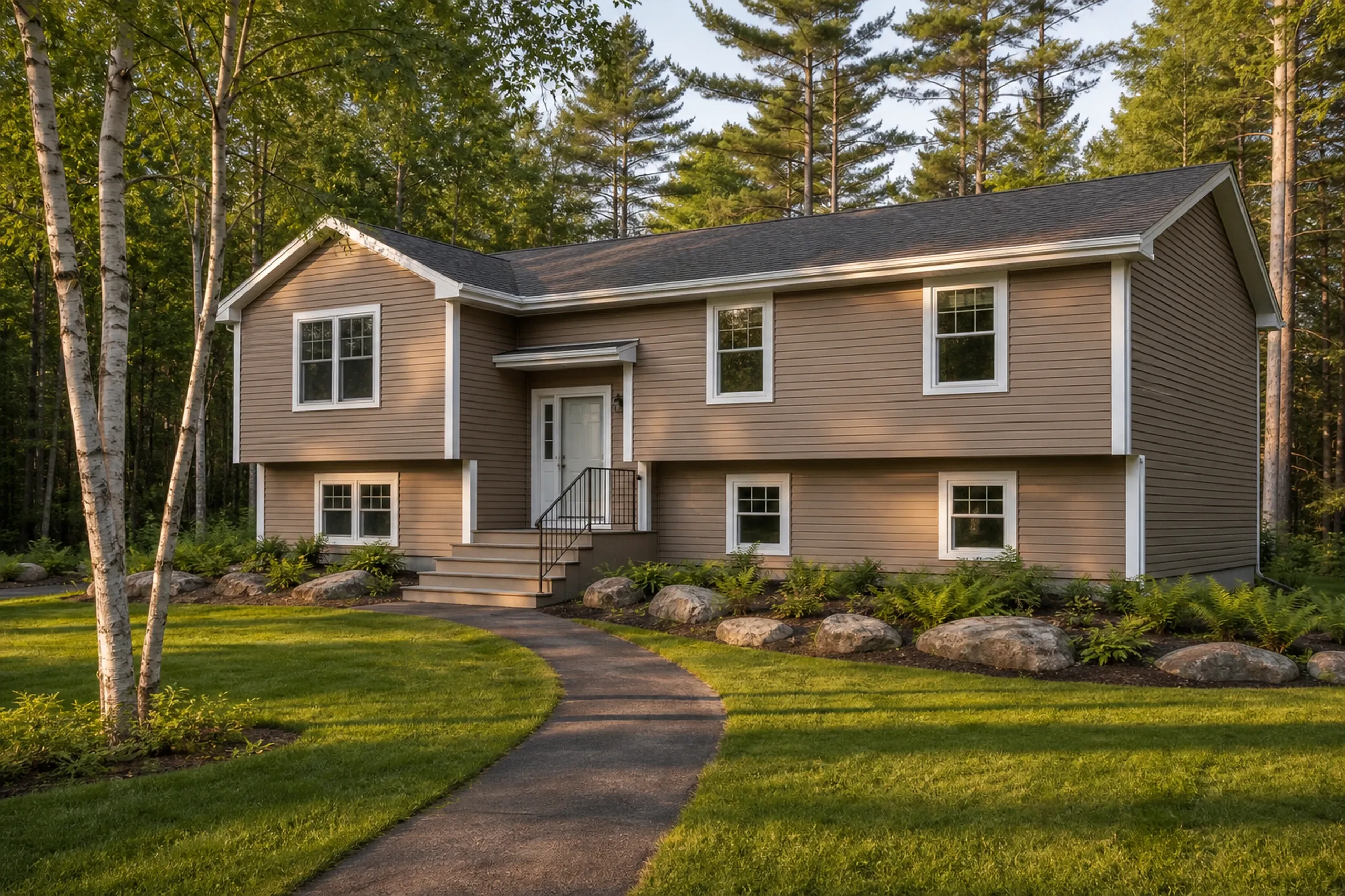 Vinyl siding replacement in southern Maine: a 1980s split-level on a wooded lot finished in new clay-colored vinyl lap siding with white corner posts and window trim, summer birches beside a paved walk.