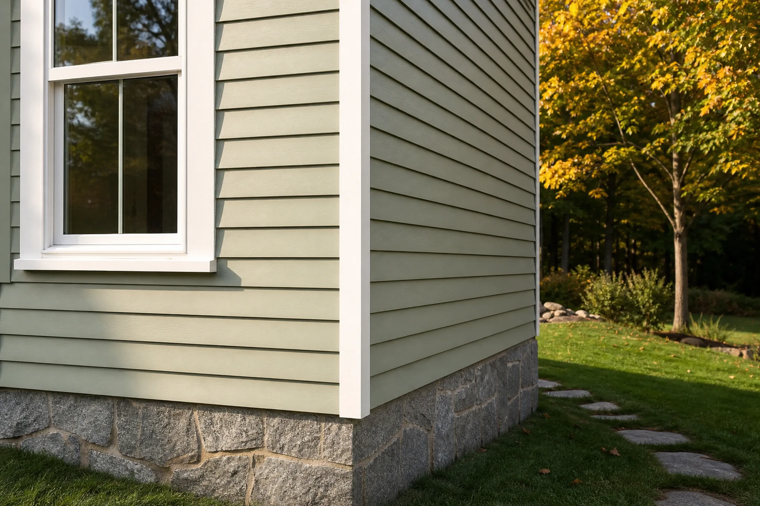 Vinyl siding on a southern Maine colonial: close view of finished sage green Dutch lap vinyl panels meeting a white vinyl outside corner post, even shadow lines, early fall sun.