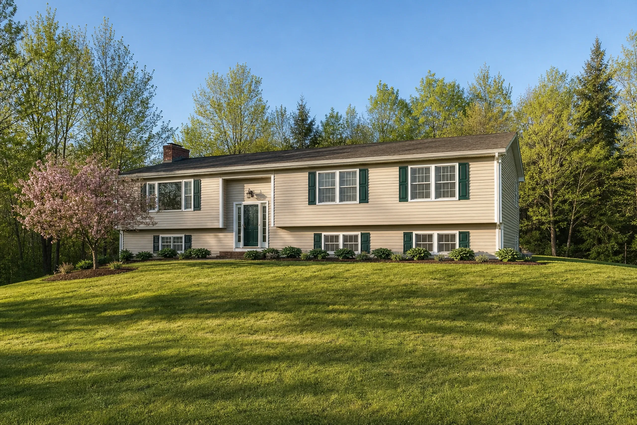 Southern Maine re-sided vinyl house in spring: A re-sided southern Maine raised ranch in late spring, wheat-colored vinyl lap siding with white corner posts and window trim, forest-green shutters, a mulched bed of hostas, a flowering crabapple in bloom and a mown lawn on a gentle slope under soft morning light.
