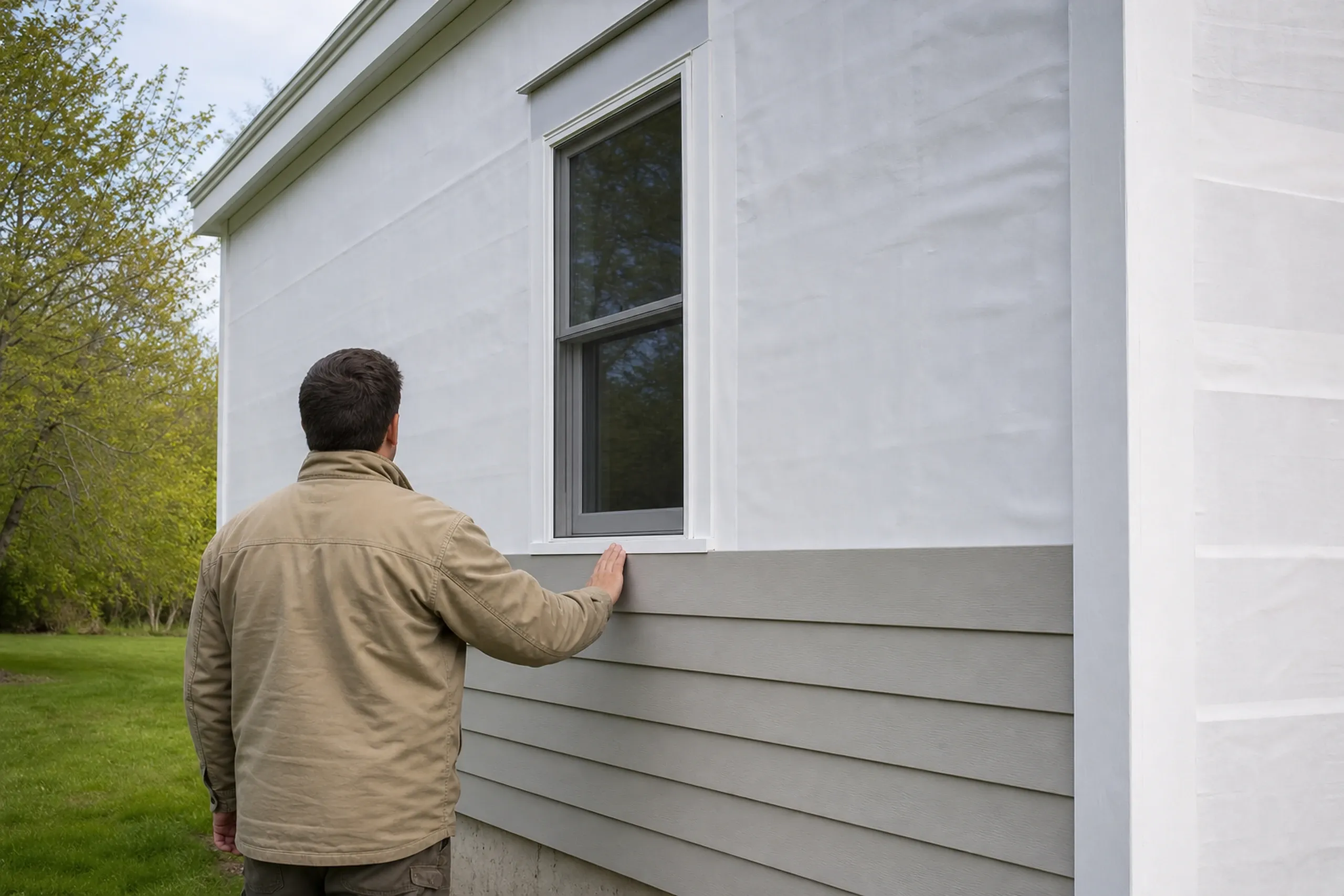Vinyl install on a coastal southern Maine cape: new pale gray vinyl panels over plain white housewrap below a window with metal head flashing, one gloved hand, late spring.