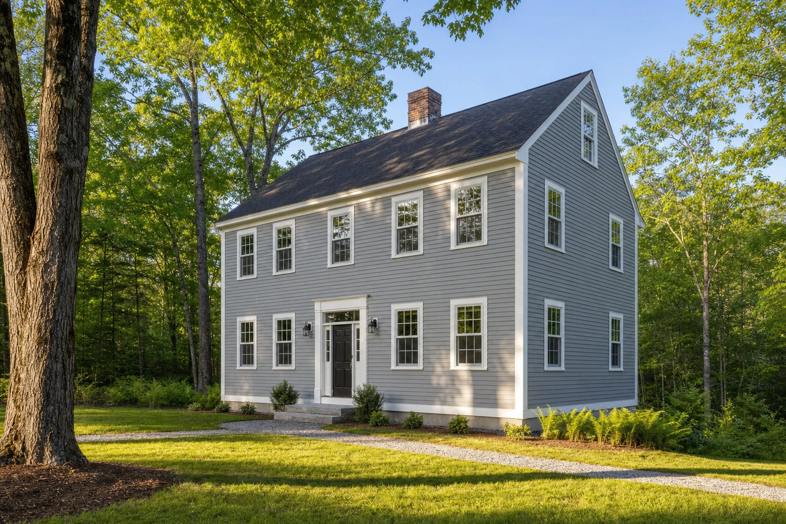 Vinyl siding replacement on a southern Maine raised ranch: finished light gray vinyl lap siding, white corner posts and window trim, maple trees on a wooded lot, early summer.