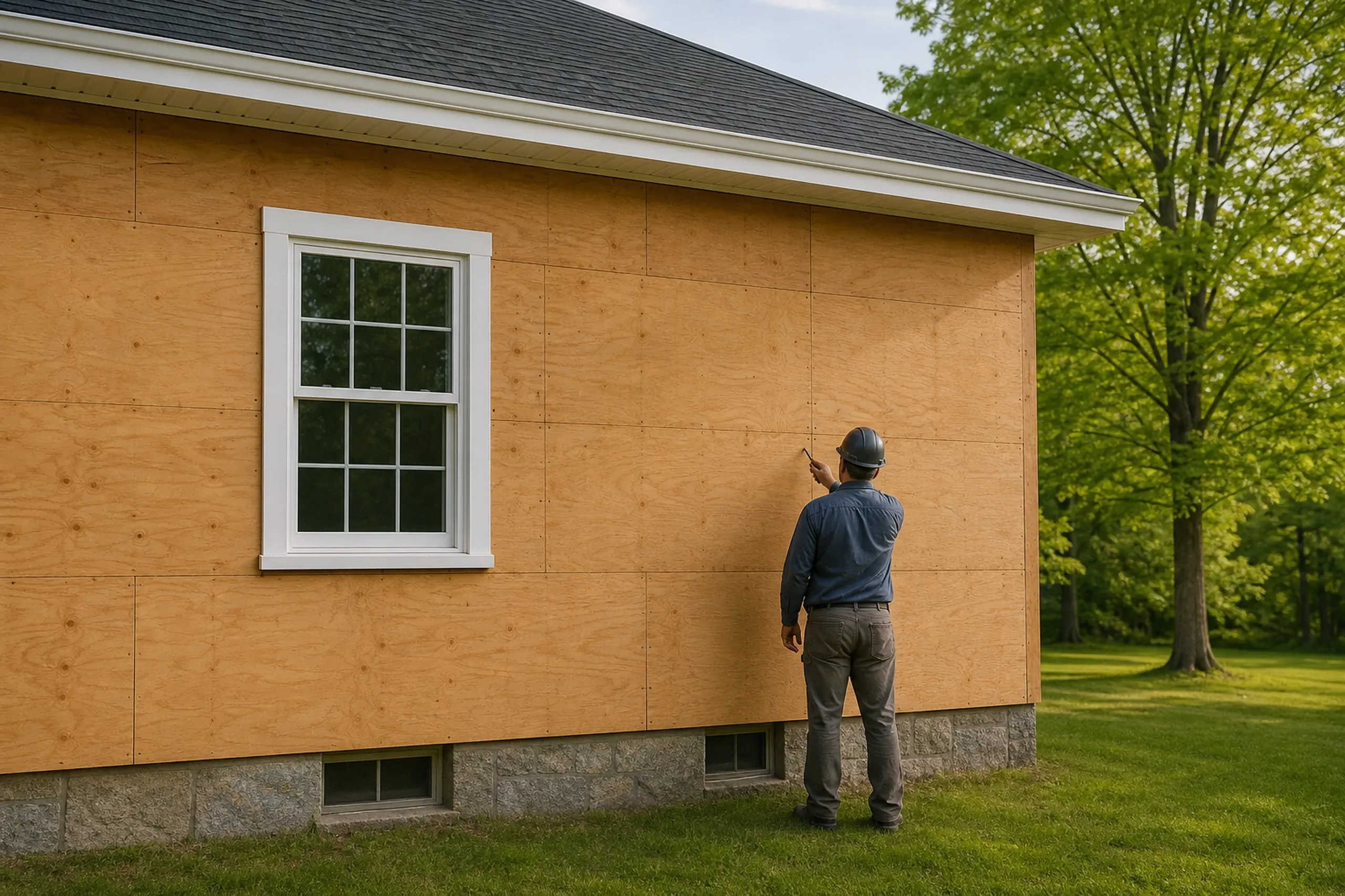 Vinyl re-side prep on a southern Maine cape: one installer seen from behind pressing a screwdriver into bare plywood sheathing beside a window on a stripped wall, late spring.