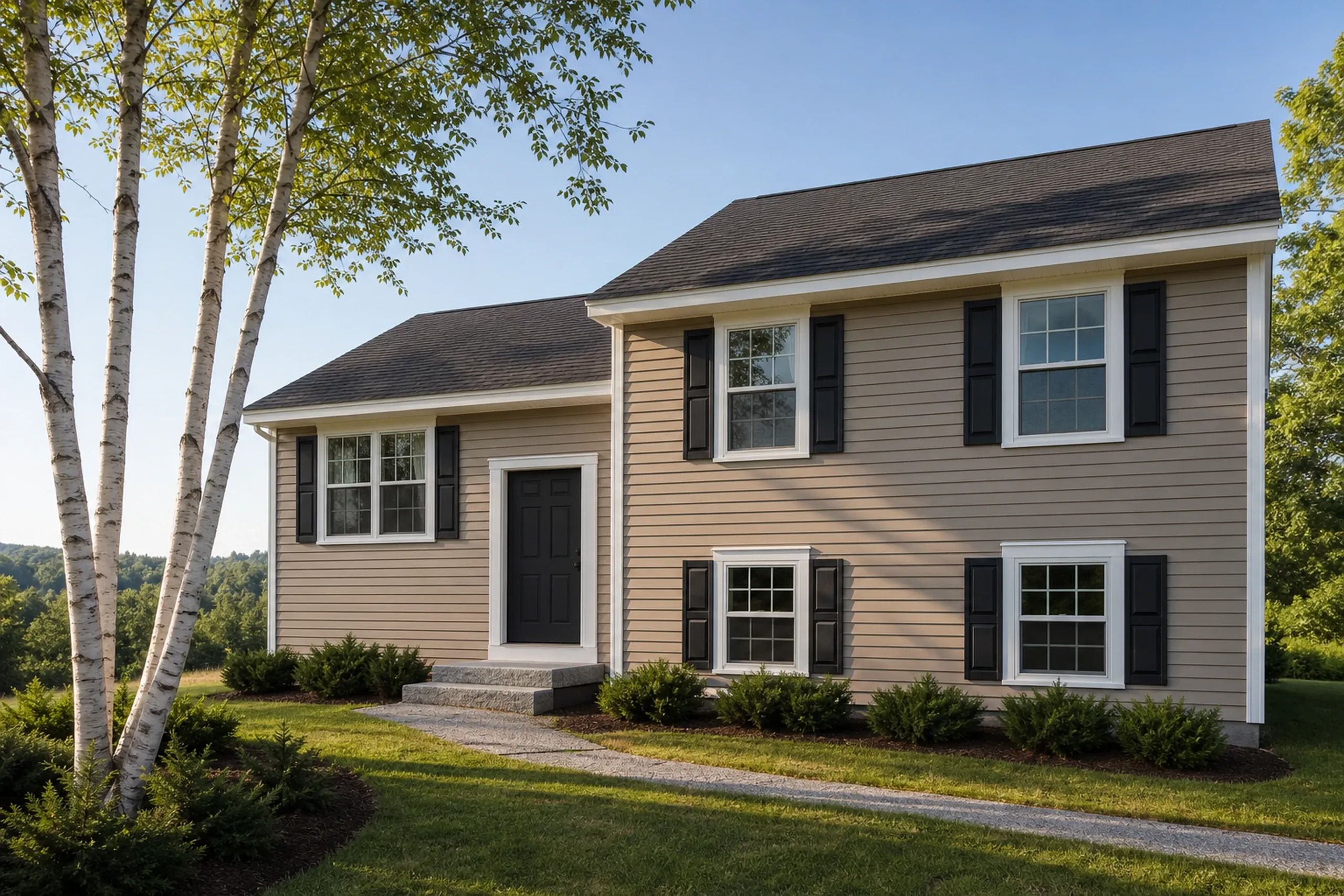Finished vinyl siding on a southern Maine split-level: clay-colored vinyl lap siding on both levels with white trim and black shutters, a lawn and birch trees, midsummer.