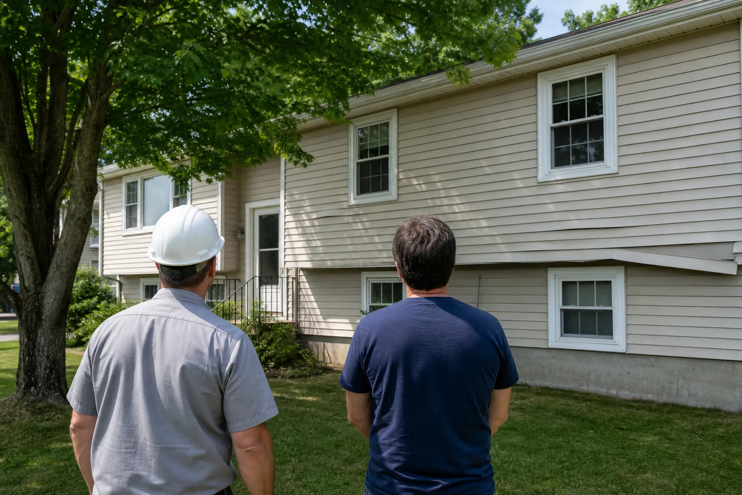 Southern Maine vinyl siding first visit: Standing on the lawn in front of a southern Maine raised ranch, two people, a siding installer and a homeowner, seen from behind, look at old tan vinyl siding that has faded chalky pale and bowed outward in long waves, one lower panel hanging loose at its edge, summer sun.