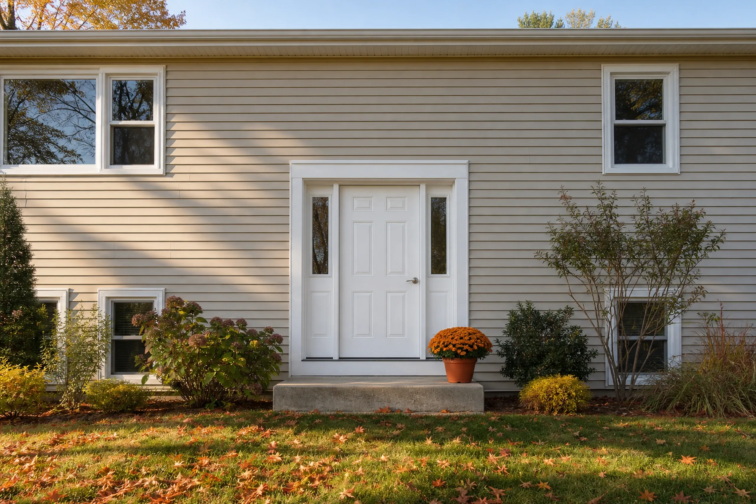 Southern Maine re-sided vinyl front entry: Front entry of a re-sided southern Maine raised ranch in October, shot vertically, a white six-panel door with two narrow sidelights, a single wide concrete step and landing, wheat-colored vinyl lap siding and white trim around the door, a pot of orange mums, maple leaves on the lawn.